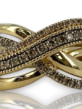 LeVian 14kt Yellow Gold Crossover Ring Champagne "Chocolate" Diamonds Size 8